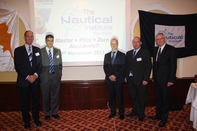 The speakers at the seminar, from left to right: Graham Cowling, Operations Manager at Marlow Navigation, Sivaraman Krishnamurthi, President of the Nautical Institute, Martin Hernqvist, Managing Director of ALL Academy and The Swedish Club Academy, Valentin Mavrinac, Marine Superintendent with Columbia Shipmanagement and Nick Cutmore, Secretary General of International Maritime Pilots' Association (IMPA)