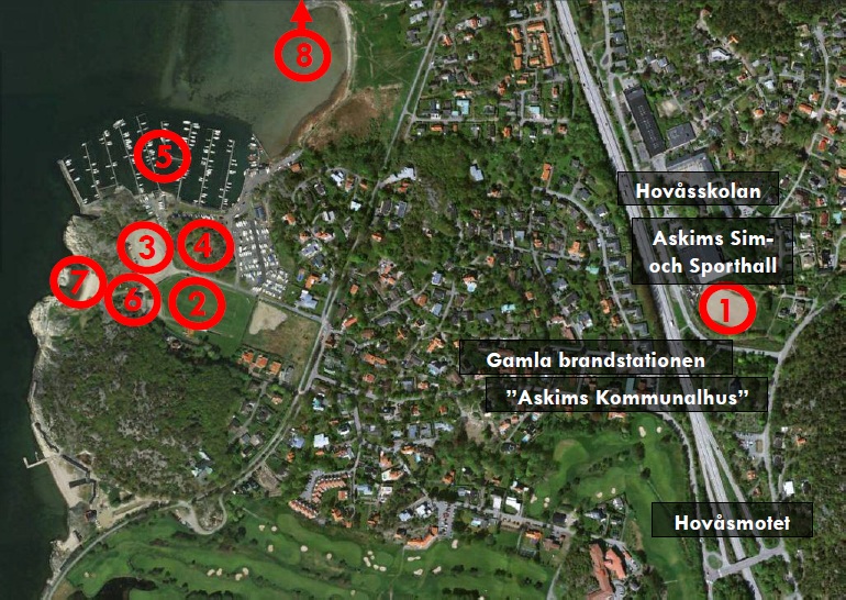 1. Grusplan vid Askims Sim- och Sporthall, 2. Hovåsvallen, 3. Grusplan vid Hovåsvallen, 4. ”Parkfeldtska villan”, 5. Hovås Båthamn, 6. Skeppargården, 7. Hovåsbadet, 8. Askimsbadet