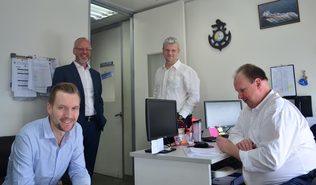 ALL Academy's Martin Hernqvist together with Terntank's Shore Side Managers, Artis Ozols (Safety), Dick Höglund (Financial) and Niklas Johansson (Personnel) enjoy a casual discussion after the seminar was over.